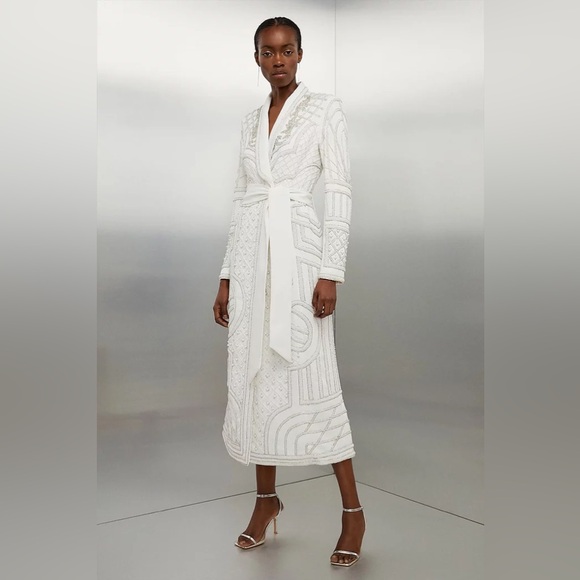 Karen Millen Dresses & Skirts - Karen Millen Pearl Embellished Woven Ivory Maxi Blazer Dress (NWT)